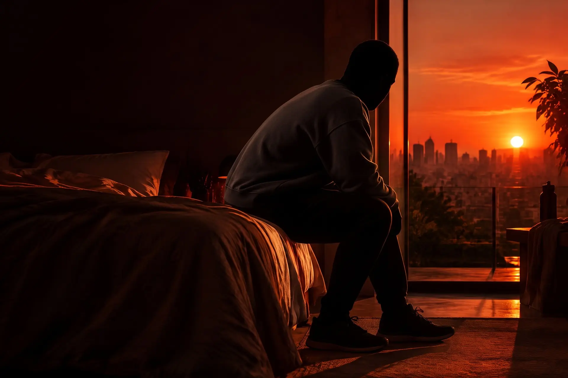 Homem se preparando para começar o dia ao nascer do sol